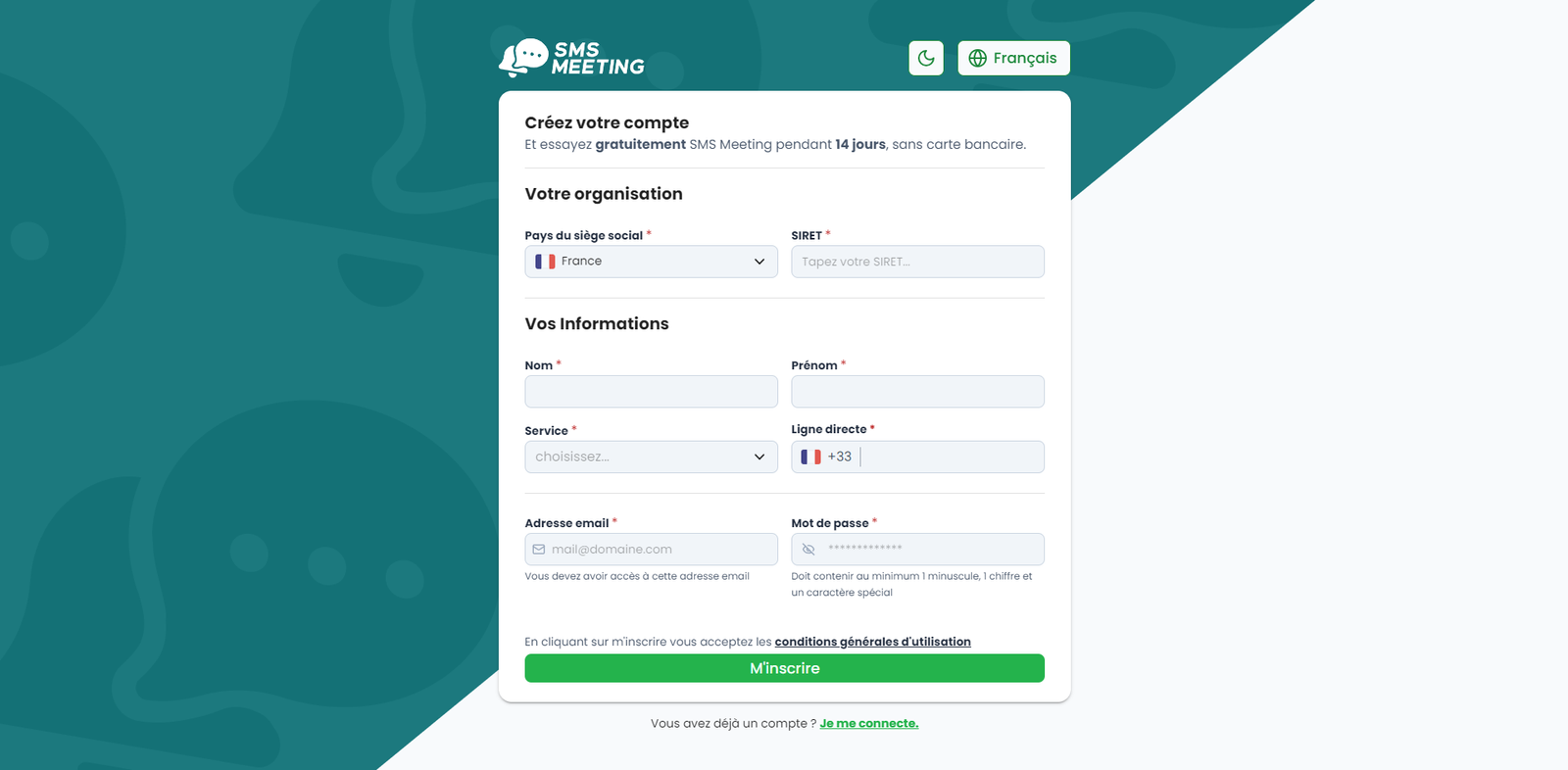 SMS Meeting - Création compte client